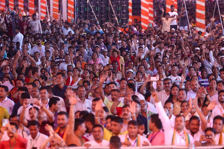 Gathering at the inauguration and laying the foundation stone of multiple development projects at Darrang, in Assam on September 14, 2025. PM addressing on the occasion.