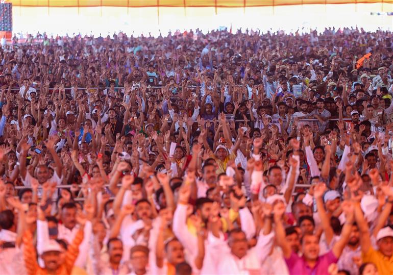 Gathering at the inauguration and laying the foundation stone of multiple development projects at Darrang, in Assam on September 14, 2025. PM addressing on the occasion.