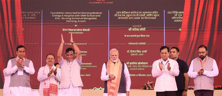PM inaugurates and lays the foundation stone of multiple development projects at Darrang, in Assam on September 14, 2025.