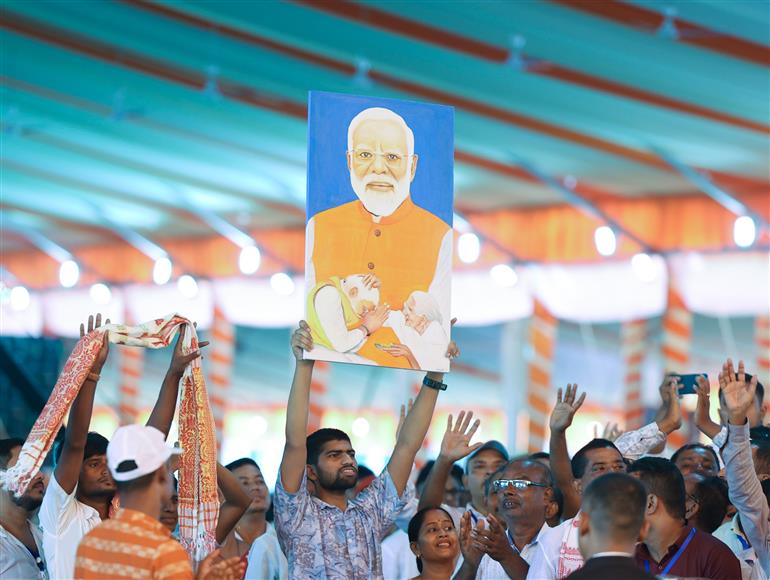 Gathering at the inauguration and laying the foundation stone of multiple development projects at Darrang, in Assam on September 14, 2025. PM addressing on the occasion.