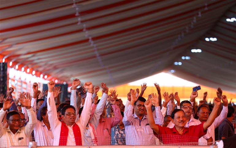 Gathering at the inauguration and laying the foundation stone of multiple development projects at Darrang, in Assam on September 14, 2025. PM addressing on the occasion.