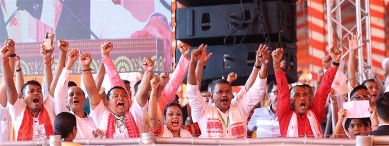 Gathering at the inauguration and laying the foundation stone of multiple development projects at Darrang, in Assam on September 14, 2025. PM addressing on the occasion.