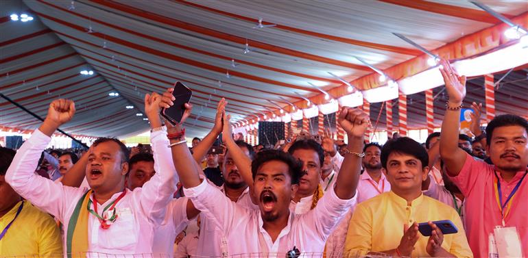 Gathering at the inauguration and laying the foundation stone of multiple development projects at Darrang, in Assam on September 14, 2025. PM addressing on the occasion.