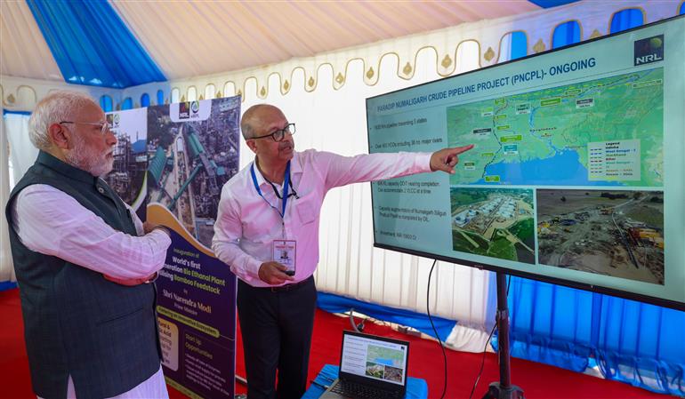 PM at the inauguration Assam Bio-Ethanol Private Limited (ABEL), Numaligarh Refinery Plant at Golaghat, in Assam on September 14, 2025.