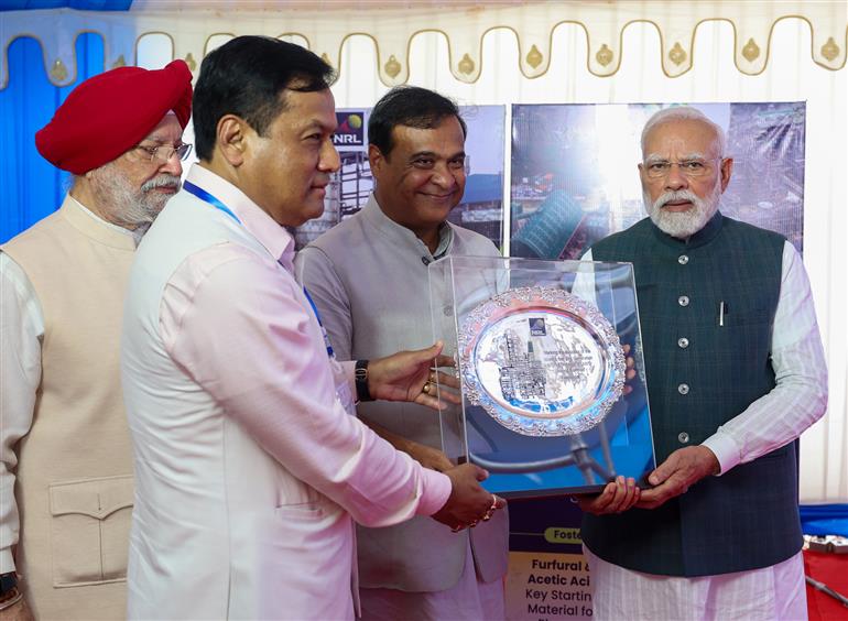 PM at the inauguration Assam Bio-Ethanol Private Limited (ABEL), Numaligarh Refinery Plant at Golaghat, in Assam on September 14, 2025.