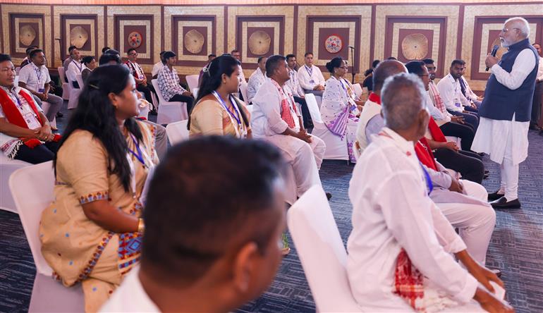 PM interacts with ABEL plant staff and bamboo farmers at Golaghat, in Assam on September 14, 2025.