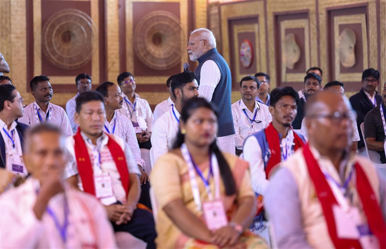 PM interacts with ABEL plant staff and bamboo farmers at Golaghat, in Assam on September 14, 2025.