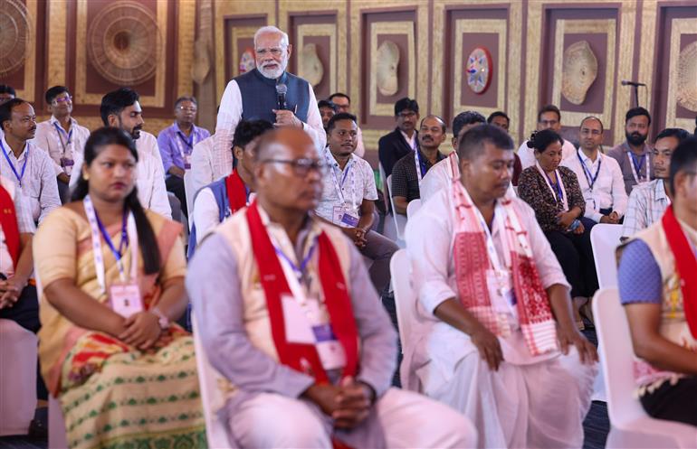PM interacts with ABEL plant staff and bamboo farmers at Golaghat, in Assam on September 14, 2025.