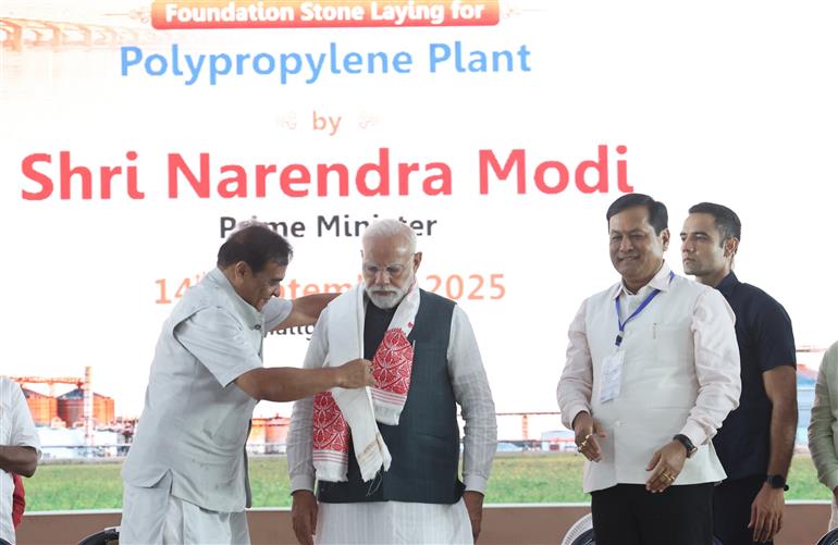 PM at the laying of foundation Stone of Polypropylene Plant at Golaghat, in Assam on September 14, 2025.