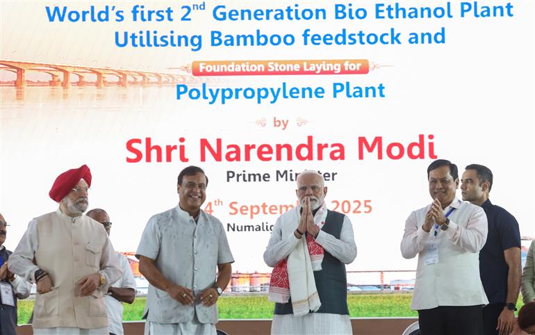 PM at the laying of foundation Stone of Polypropylene Plant at Golaghat, in Assam on September 14, 2025.