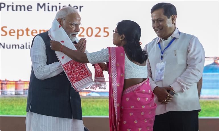PM at the laying of foundation Stone of Polypropylene Plant at Golaghat, in Assam on September 14, 2025.