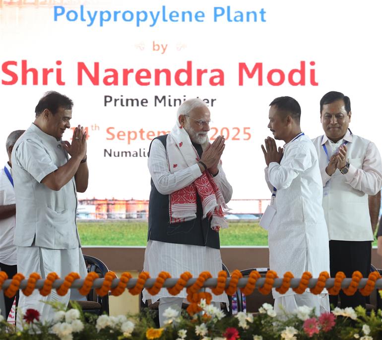 PM at the laying of foundation Stone of Polypropylene Plant at Golaghat, in Assam on September 14, 2025.