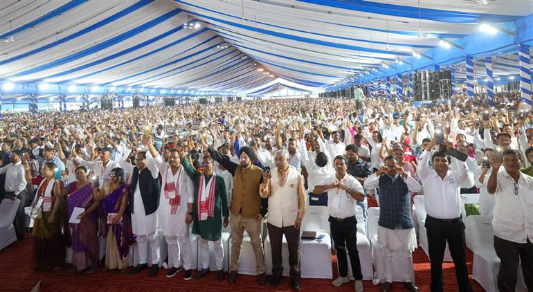 Gathering at the laying of foundation Stone of Polypropylene Plant at Golaghat, in Assam on September 14, 2025. PM addressing on the occasion.