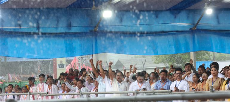 Gathering at the laying of foundation Stone of Polypropylene Plant at Golaghat, in Assam on September 14, 2025. PM addressing on the occasion.