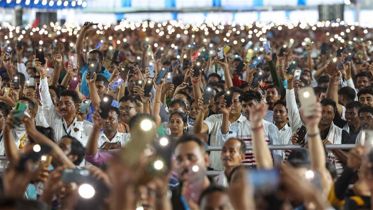 Gathering at the laying of foundation Stone of Polypropylene Plant at Golaghat, in Assam on September 14, 2025. PM addressing on the occasion.
