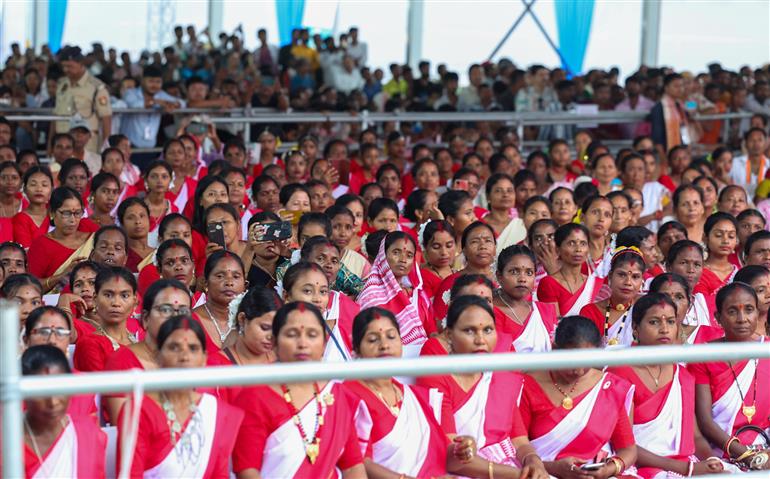 Gathering at the laying of foundation Stone of Polypropylene Plant at Golaghat, in Assam on September 14, 2025. PM addressing on the occasion.