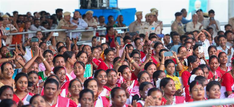 Gathering at the laying of foundation Stone of Polypropylene Plant at Golaghat, in Assam on September 14, 2025. PM addressing on the occasion.