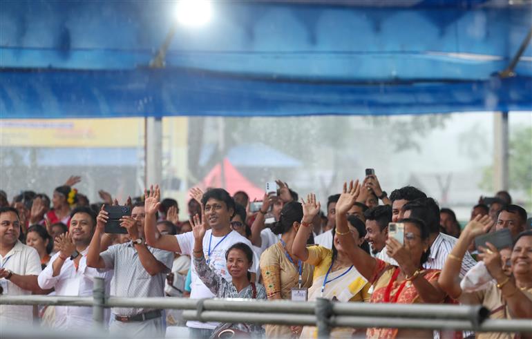 Gathering at the laying of foundation Stone of Polypropylene Plant at Golaghat, in Assam on September 14, 2025. PM addressing on the occasion.