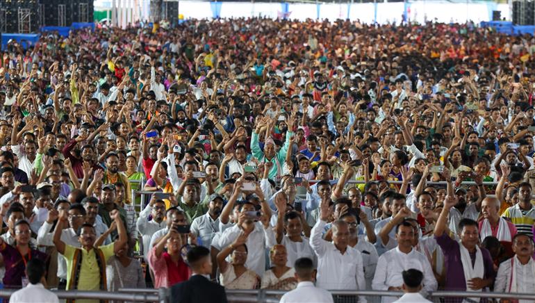 Gathering at the laying of foundation Stone of Polypropylene Plant at Golaghat, in Assam on September 14, 2025. PM addressing on the occasion.