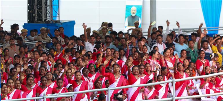 Gathering at the laying of foundation Stone of Polypropylene Plant at Golaghat, in Assam on September 14, 2025. PM addressing on the occasion.