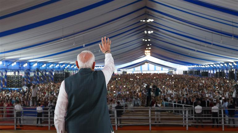 PM at the laying of foundation Stone of Polypropylene Plant at Golaghat, in Assam on September 14, 2025.