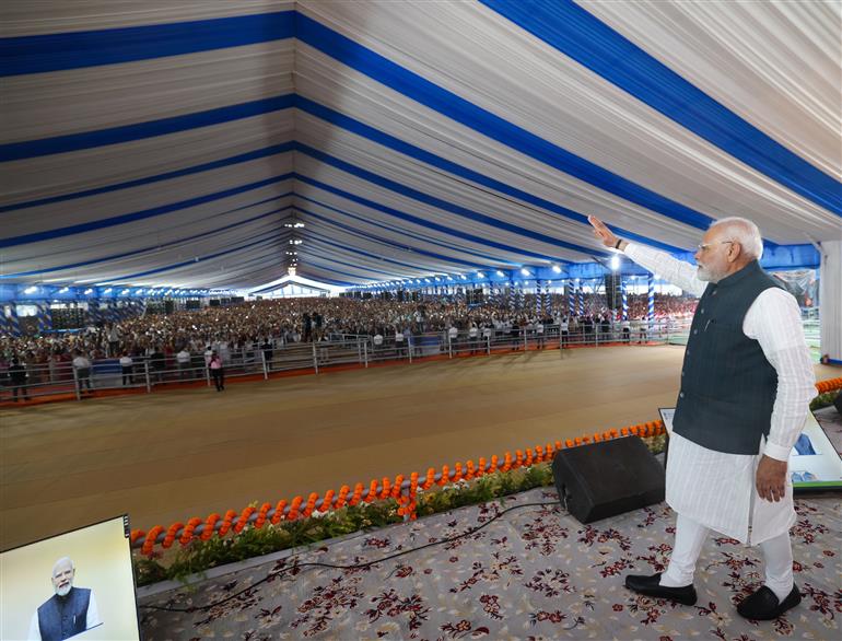 PM at the laying of foundation Stone of Polypropylene Plant at Golaghat, in Assam on September 14, 2025.