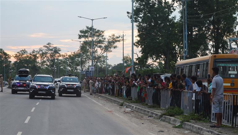 PM receives warm welcome by enthusiastic crowd during the Grand Road Show on his arrival at Golaghat, in Assam on September 14, 2025.