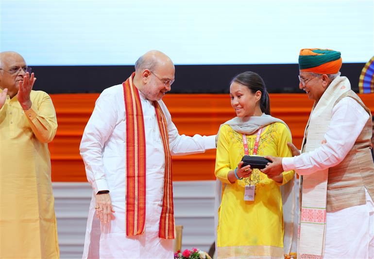 The Union Minister for Home Affairs and Cooperation, Shri Amit Shah graced the Fifth Akhil Bhartiya Rajbhasha Sammelan on the occasion of Hindi Diwas-2025 held at Gandhinagar, in Gujarat on September 14, 2025.