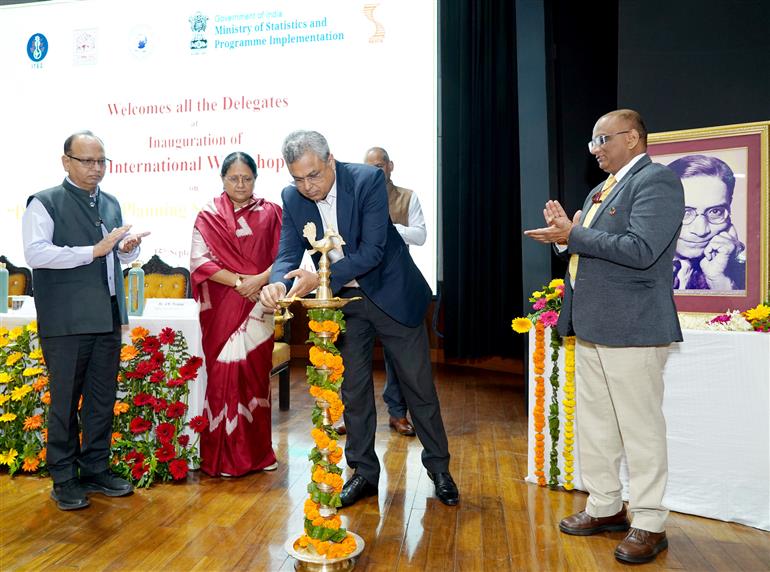 The Secretary, Ministry of Statistics and Programme Implementation, Dr. Saurabh Garg lighting the lamp at the inauguration of International Workshop on “Data Needs for Sustainable Development” in NSSTA Noida on September 15, 2025.  