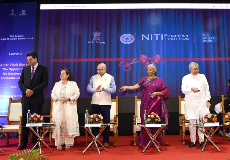 The Union Minister for Finance and Corporate Affairs, Smt. Nirmala Sitharaman and Union Minister of Railways, Information & Broadcasting and Electronics & Information Technology, Shri Ashwini Vaishnaw release the report on ‘Roadmap for AI for Viksit Bharat An Opportunity for Accelerated Economic Growth’ and ‘NITI Frontier Tech Repository’ at NDMC Convention Centre, in New Delhi on September 15, 2025. 