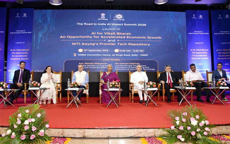 The Union Minister for Finance and Corporate Affairs, Smt. Nirmala Sitharaman, the Union Minister of Railways, Information & Broadcasting and Electronics & Information Technology, Shri Ashwini Vaishnaw, the CEO, NITI Aayog, BVR Subrahmanyam and Vice Chairman, NITI Aayog, Shri Suman Bery at the release of the report on ‘Roadmap for AI for Viksit Bharat An Opportunity for Accelerated Economic Growth’ and ‘NITI Frontier Tech Repository’ at NDMC Convention Centre, in New Delhi on September 15, 2025.  