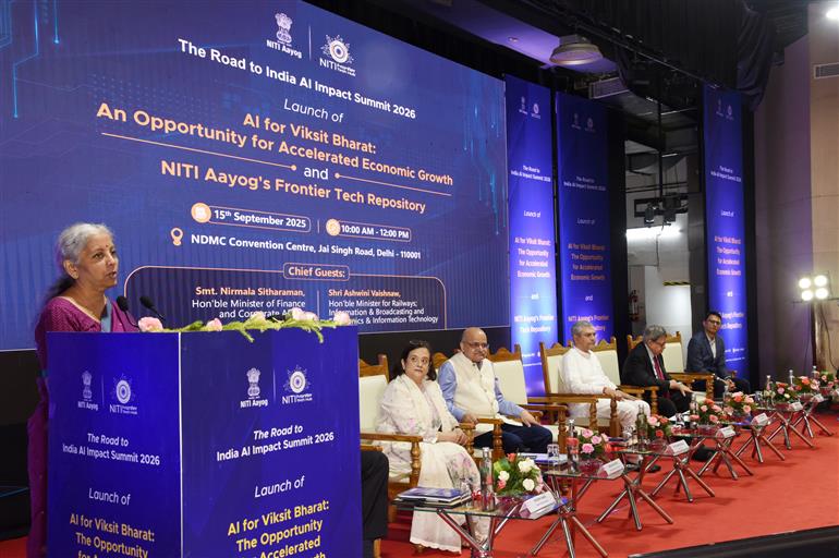 The Union Minister for Finance and Corporate Affairs, Smt. Nirmala Sitharaman addressing at the release of the report on ‘Roadmap for AI for Viksit Bharat An Opportunity for Accelerated Economic Growth’ and ‘NITI Frontier Tech Repository’ at NDMC Convention Centre, in New Delhi on September 15, 2025.  
