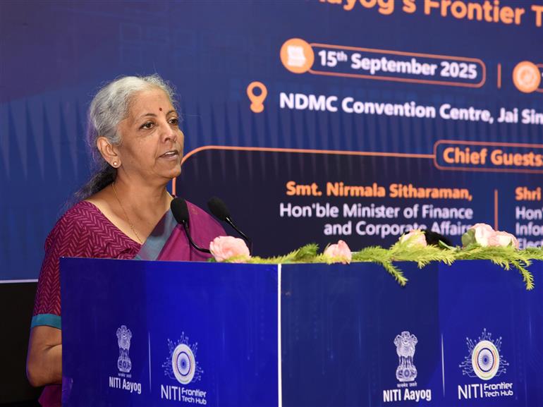 The Union Minister for Finance and Corporate Affairs, Smt. Nirmala Sitharaman addressing at the release of the report on ‘Roadmap for AI for Viksit Bharat An Opportunity for Accelerated Economic Growth’ and ‘NITI Frontier Tech Repository’ at NDMC Convention Centre, in New Delhi on September 15, 2025.  