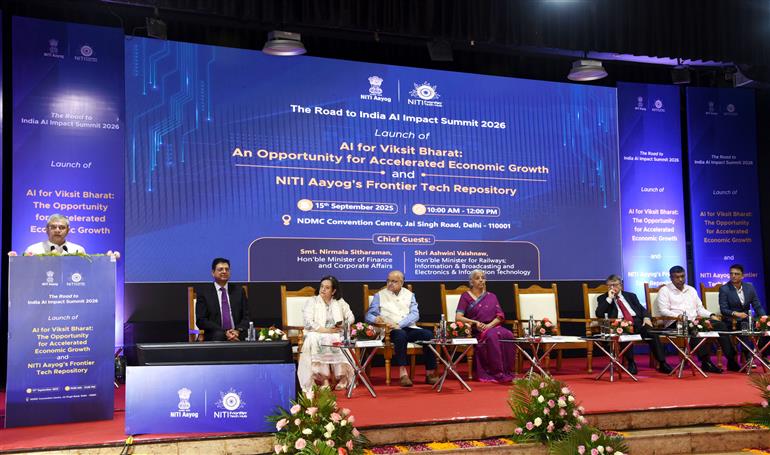 The Union Minister of Railways, Information & Broadcasting and Electronics & Information Technology, Shri Ashwini Vaishnaw addressing at the release of the report on ‘Roadmap for AI for Viksit Bharat An Opportunity for Accelerated Economic Growth’ and ‘NITI Frontier Tech Repository’ at NDMC Convention Centre, in New Delhi on September 15, 2025.  