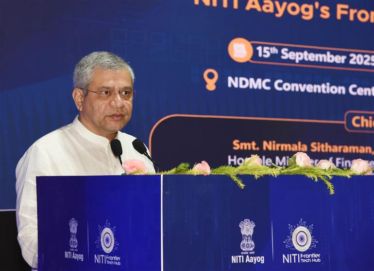 The Union Minister of Railways, Information & Broadcasting and Electronics & Information Technology, Shri Ashwini Vaishnaw addressing at the release of the report on ‘Roadmap for AI for Viksit Bharat An Opportunity for Accelerated Economic Growth’ and ‘NITI Frontier Tech Repository’ at NDMC Convention Centre, in New Delhi on September 15, 2025.  