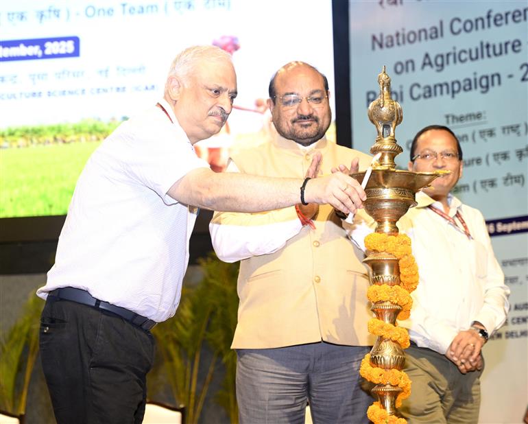  The Secretary of the Department of Agriculture & Farmers’ Welfare (DAC&FW), Dr. Devesh Chaturvedi lighting the lamp during the inauguration of National Conference on Agriculture for Rabi Campaign-2025, in New Delhi on September 15, 2025.