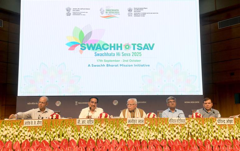 The Union Minister of Jal Shakti, Shri C R Patil and the Union Minister of Housing and Urban Affairs & Power, Shri Manohar Lal, addressing the Curtain Raiser Press Conference on Swachhta hi Seva 2025 at National Media Centre, in New Delhi on September 15, 2025.