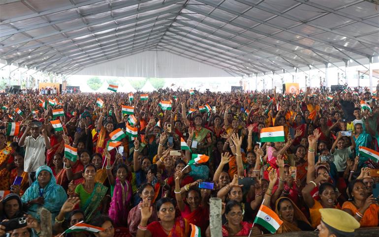 Gathering at the inauguration and laying the foundation stone of multiple development projects at Purnea, in Bihar on September 15, 2025. PM addressing on the occasion.