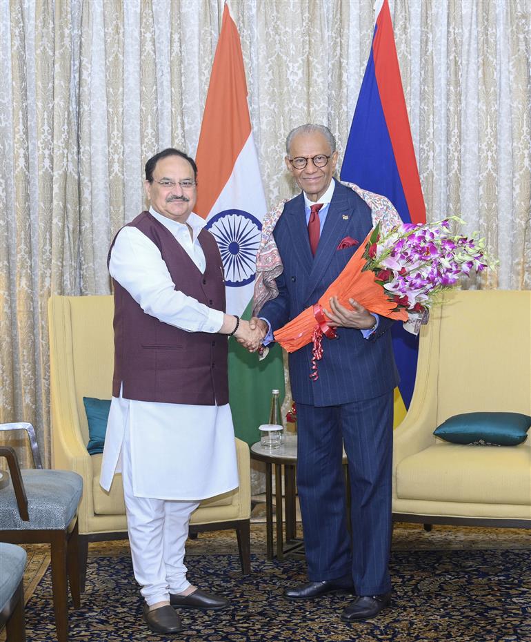 The Prime Minister of the Republic of Mauritius, Dr. Navinchandra Ramgoolam meeting with the Union Minister of Health and Family Welfare & Chemicals and Fertilizers, Shri Jagat Prakash Nadda, in New Delhi on September 16, 2025.