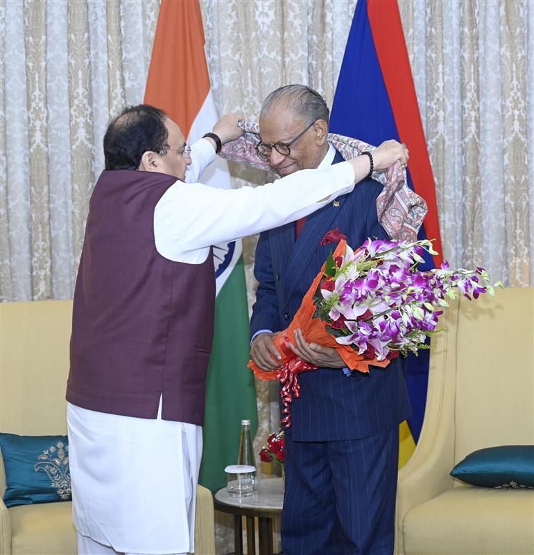 The Prime Minister of the Republic of Mauritius, Dr. Navinchandra Ramgoolam meeting with the Union Minister of Health and Family Welfare & Chemicals and Fertilizers, Shri Jagat Prakash Nadda, in New Delhi on September 16, 2025.