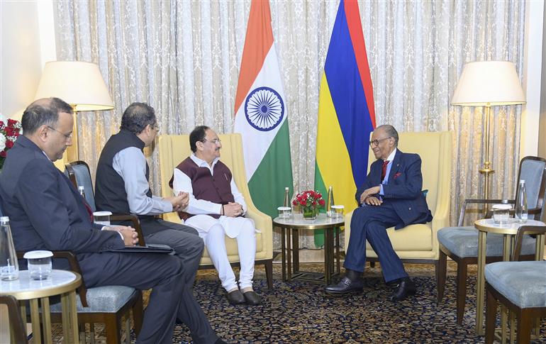 The Prime Minister of the Republic of Mauritius, Dr. Navinchandra Ramgoolam meeting with the Union Minister of Health and Family Welfare & Chemicals and Fertilizers, Shri Jagat Prakash Nadda, in New Delhi on September 16, 2025.