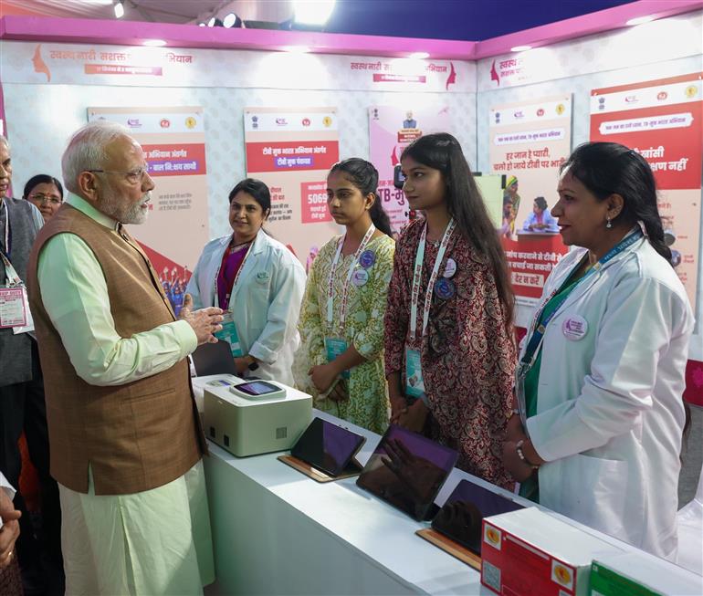 PM takes a walkthrough of Health Kiosks and PM Mitra Park Pavilion at Dhar, in Madhya Pradesh on September 17, 2025.
