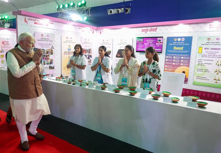 PM takes a walkthrough of Health Kiosks and PM Mitra Park Pavilion at Dhar, in Madhya Pradesh on September 17, 2025.
