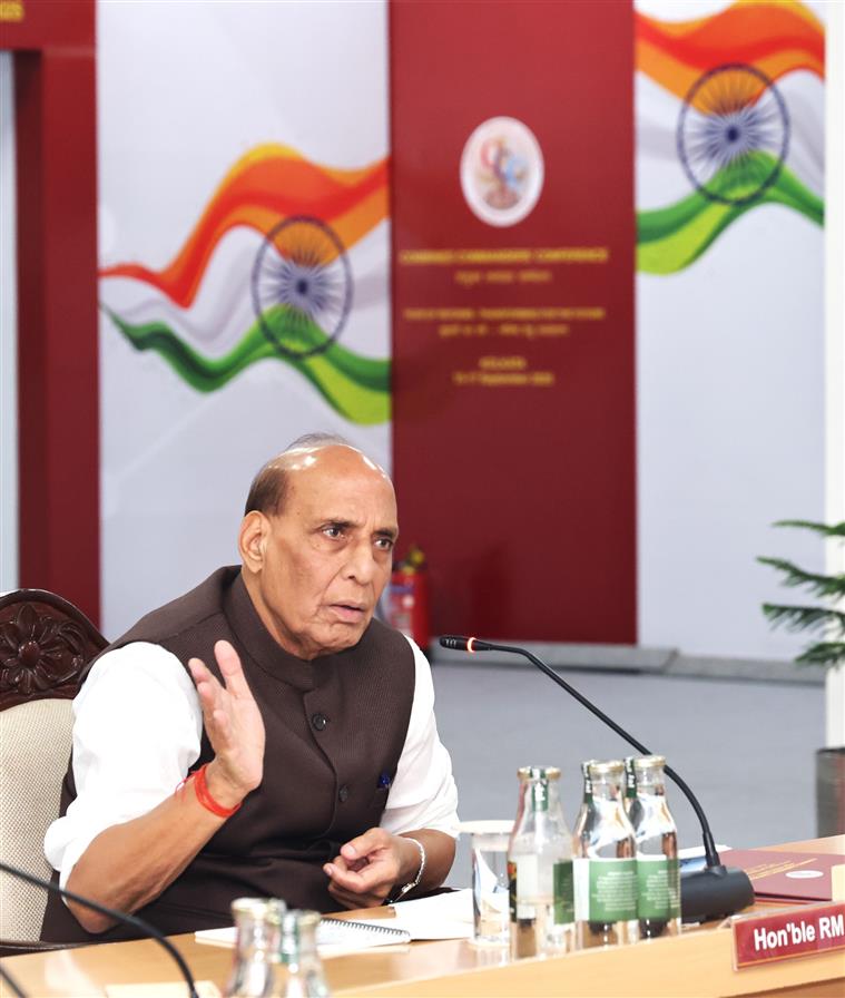 The Union Minister for Defence, Shri Rajnath Singh addressing at the Combined Commanders’ Conference (CCC) 2025 in Kolkata, West Bengal on September 17, 2025. 