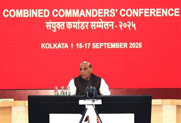 The Union Minister for Defence, Shri Rajnath Singh addressing at the Combined Commanders’ Conference (CCC) 2025 in Kolkata, West Bengal on September 17, 2025. 
