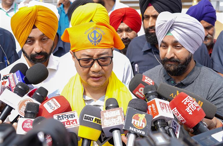 The Union Minister of Minority Affairs & Parliamentary Affairs, Shri Kiren Rijiju interacting with media on the sidelines of ‘Swachhata hi Seva Campaign-2025’ at Gurudwara Bangla Sahib, in New Delhi on September 17, 2025.