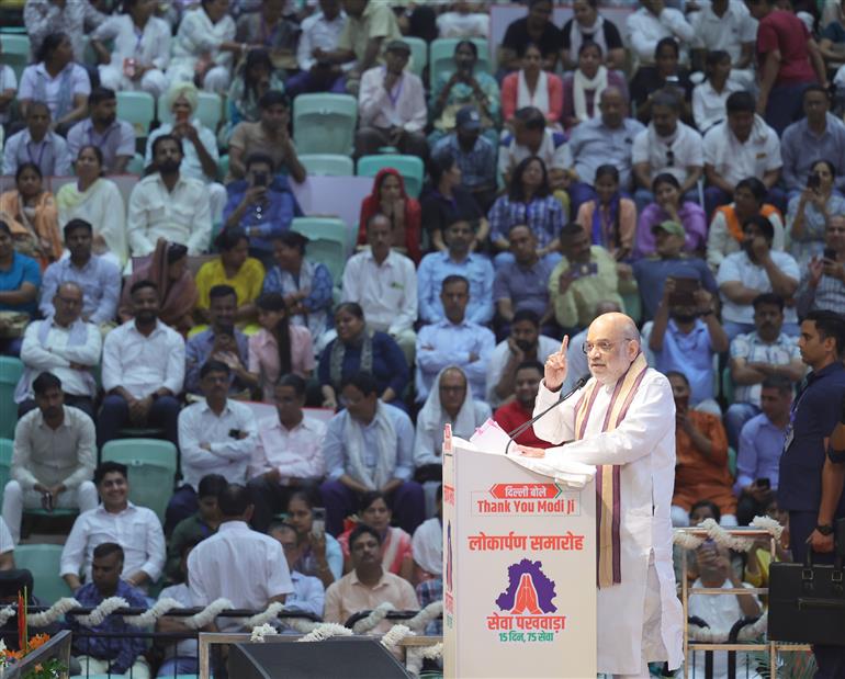 The Union Minister for Home Affairs and Cooperation, Shri Amit Shah addressing the gathering at the inauguration and foundation stone laying of various development projects worth about ₹1,723 crore of the Delhi Government under the ‘Seva Pakhwada’ on the occasion of Prime Minister Shri Narendra Modi’s 75th birthday, in New Delhi on September 17, 2025.