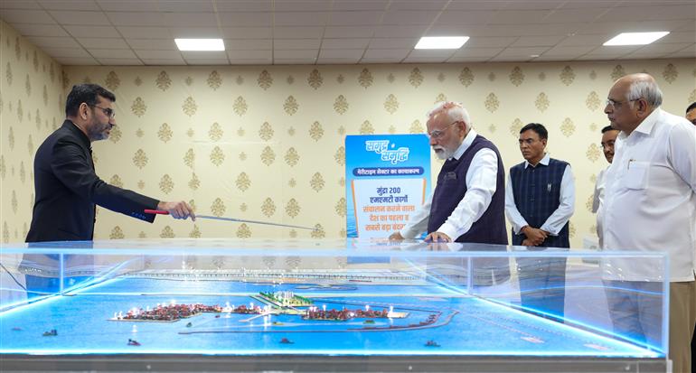 PM inspects an exhibition on ‘Samudra Se Samriddhi’ at National Maritime Heritage Complex (NHMC), in Gujarat on September 20, 2025.