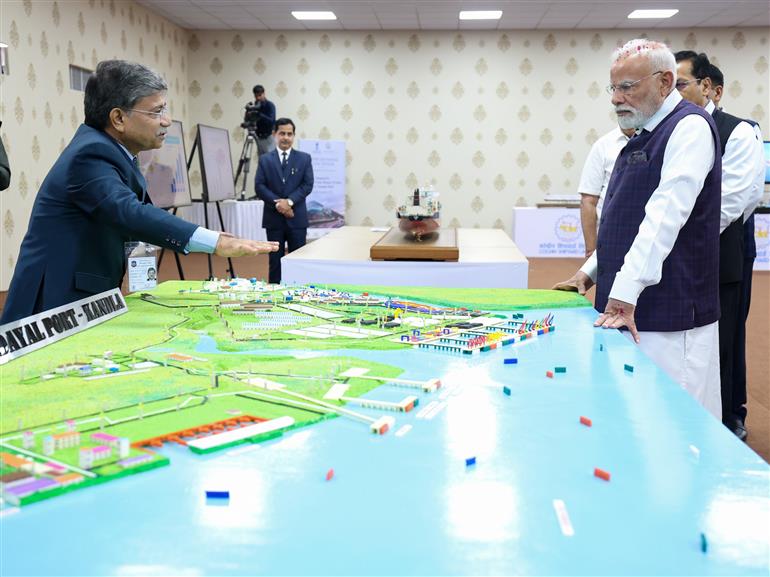 PM inspects an exhibition on ‘Samudra Se Samriddhi’ at National Maritime Heritage Complex (NHMC), in Gujarat on September 20, 2025.