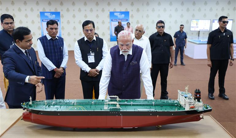 PM inspects an exhibition on ‘Samudra Se Samriddhi’ at National Maritime Heritage Complex (NHMC), in Gujarat on September 20, 2025.